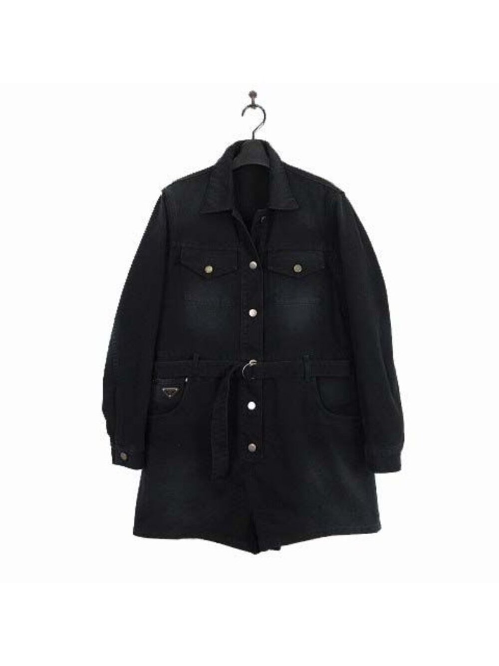 Prada Model Organic Denim Short Jumpsuit Triangle Logo Black